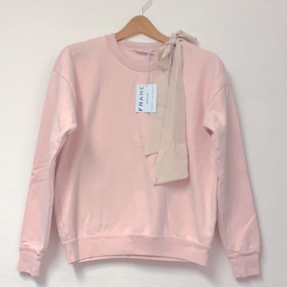 NWT Frame Denim Crewneck Long Sleeve Sweatshirt Pink S with silk bow cotton